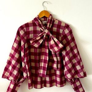 Plaid Bow-Tie Blouse - Red and Cream